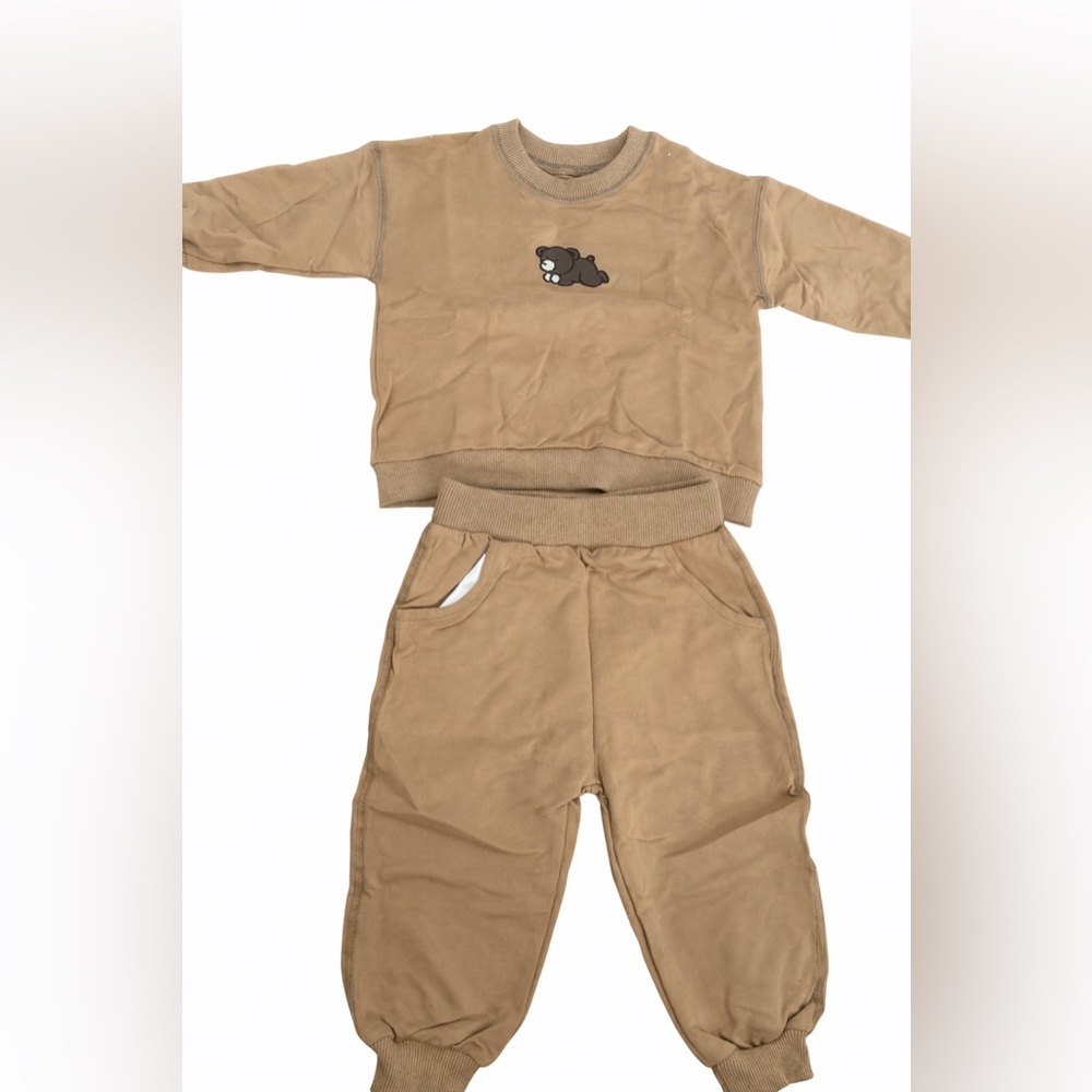 Tan Bear Embroidered Sweatshirt and Pants Set
